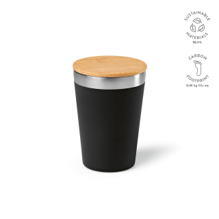 "Don Travel Cup" Reisebecher aus recyceltem Edelstahl, 400 ml mit Bambusdeckel, doppelwandig, schwarz