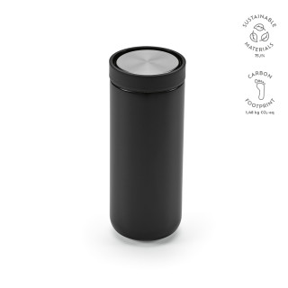 Senegal Reisebecher recycelter Edelstahl, 400 ml. Mit 360°Push-Verschluss, schwarz