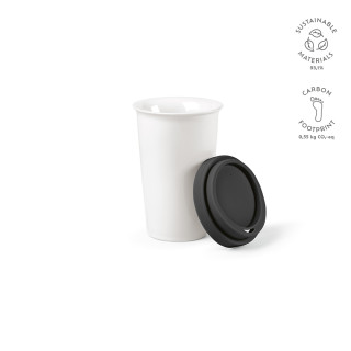 "Tagus Travel Cup" Reisebecher aus Keramik, 330 ml mit farbigem Deckel, doppelwandig, schwarz