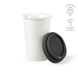Tagus Reisebecher aus Keramik, 330 ml. Doppelwandig mit farbigem Deckel, schwarz