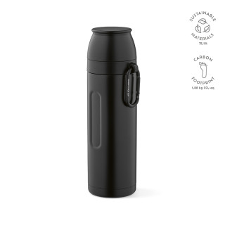 "Loire Thermos" Thermosflasche aus recyceltem Edelstahl, 810 ml mit 2 Bechern und Karabiner, schwarz