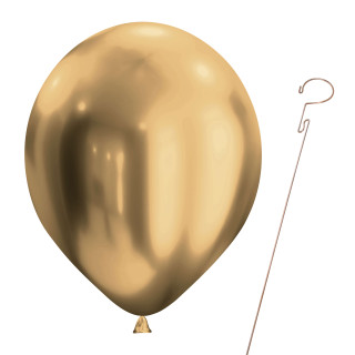 Luftballon „Chrome“, Größe L (ø ca. 33 cm) in glänzendes gold mit Ballonhalte-Drahtstab