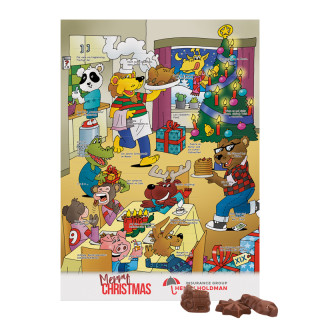 Rätsel-Adventskalender hoch mit Friedel Schokotäfelchen