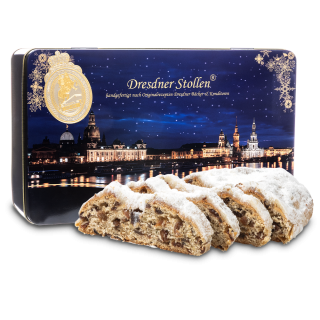 750g Dresdner Stollen® in blauer Geschenkdose