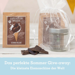 Eismixglas und Portionsbeutel im transparenten Säckchen