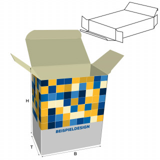 Faltschachteln mit versetzten Einstecklaschen, H: 180 x B: 180 x T: 20 mm, bedruckt, Hochweiß-Karton