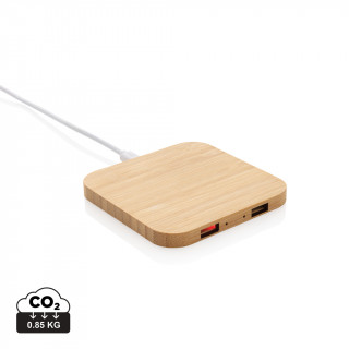 10W Wireless-Charger mit USB aus Bambus, braun