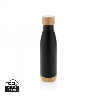 Vakuum Edelstahlfasche mit Deckel und Boden aus Bambus, schwarz