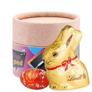Papierdose Eco Mini mit 2 Lindt Schokoladeneier, 1 Lindt Goldhase