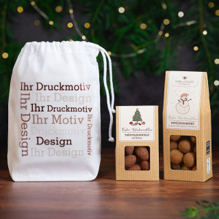 1 Faltschachteln und 1 Mini Faltschachtel im Baumwollsäckchen - Weihnachts-Edition