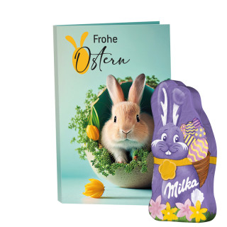 Werbekarte Visitenkartenformat, Milka Mini Schmunzelhase