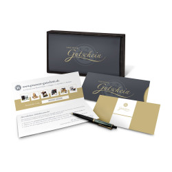 Geschenkgutschein Gold in Holzkiste, Kategorie 35 €, große Auswahl an Präsenten, Lifestyle- und Wellnessprodukten