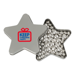 Metalldose in Sternform mit ca. 12 g Minties, Fruchtherzchen, Schokolinsen oder Jelly Beans