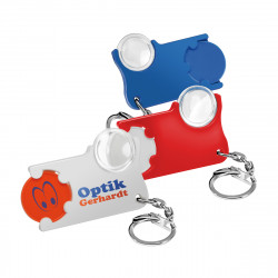 Chiphalter mit 1€-Chip und Lupe mit Gliederkette, rot