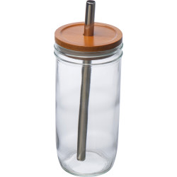 Glasbecher mit Bambusdeckel und Trinkhalm Glasbecher mit Bambusdeckel und Trinkhalm