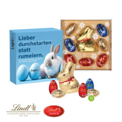Präsent "Kleiner Ostergruß", Lindt Schokoladen-Eier und Goldhase