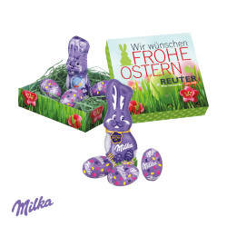 Osternest, Milka Schokoladen-Eier und Schmunzelhase