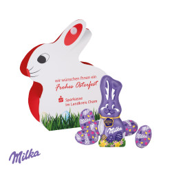 Werbe-Hase, Milka Schokoladen-Eier und Schmunzelhase