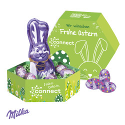 Großes Osternest, Milka Schokoladen-Eier und Schmunzelhase