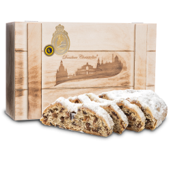 750g Dresdner Stollen® in Premium-Holztruhe 750g Dresdner Stollen® in Premium-Holztruhe