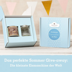 Eismixglas und Eispulver in der Dose im Geschenkkarton