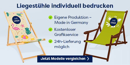 Banner zeigt personalisierte Liegestühle mit verschiedenen Designs, Eigene Produktion in Deutschland, kostenloser Grafikservice und 24-Stunden-Lieferung möglich.