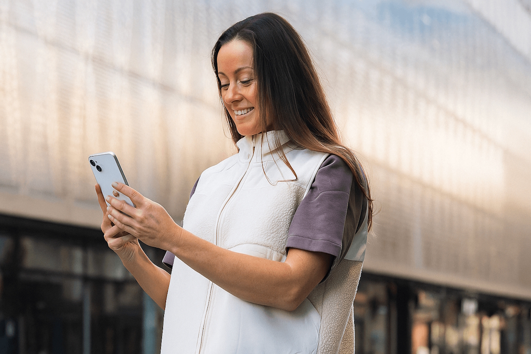 Frau lächelt, hält Handy